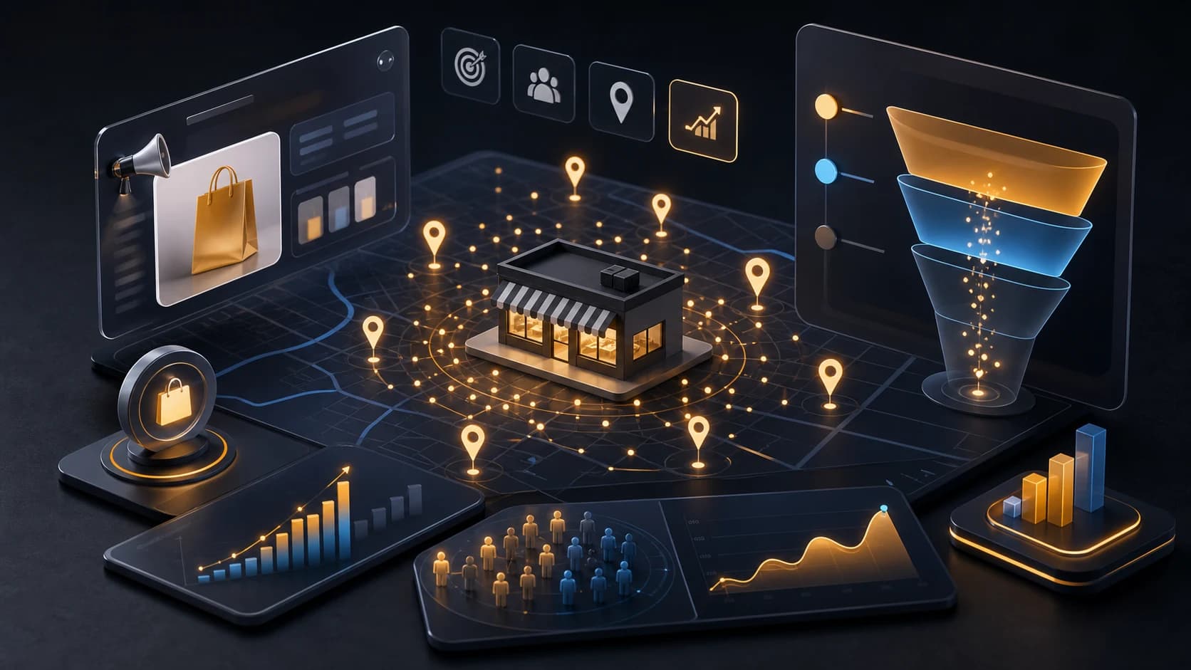 Retail growth campaign dashboard showing local search visibility, store footfall signals, conversion funnel, and sales analytics