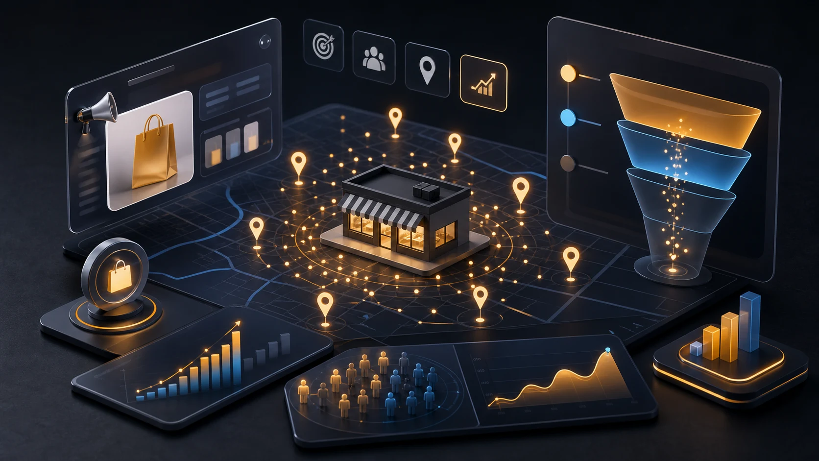 Retail growth campaign dashboard showing local search visibility, store footfall signals, conversion funnel, and sales analytics
