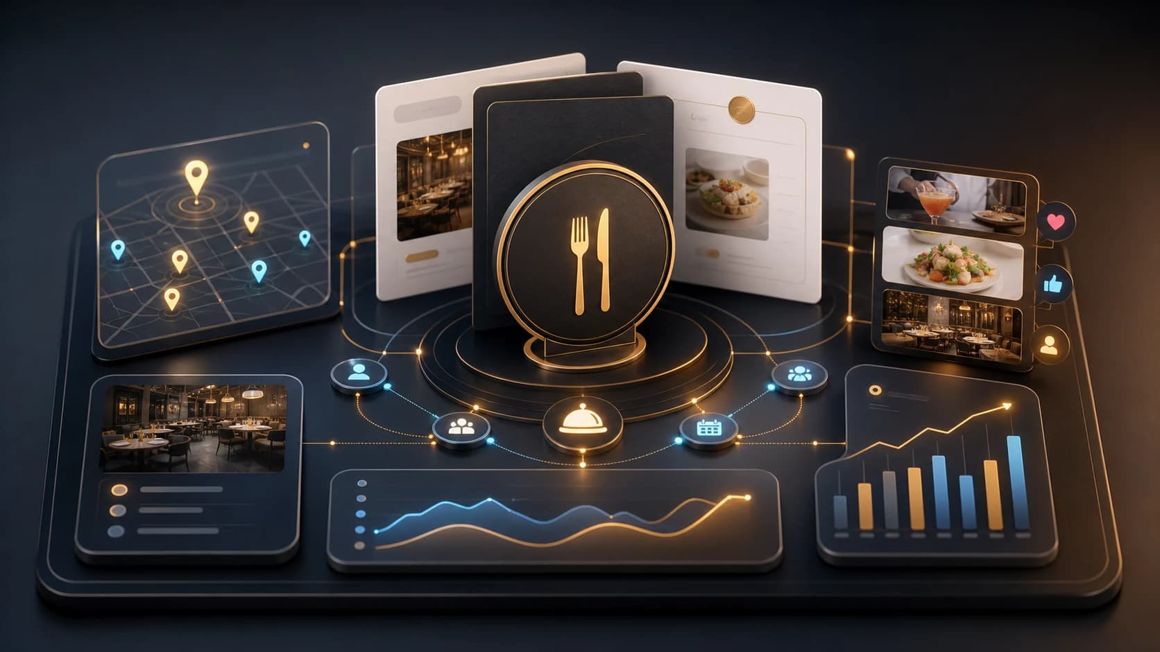 Restaurant digital brand and customer acquisition dashboard with location signals, reservation journey nodes, and performance charts