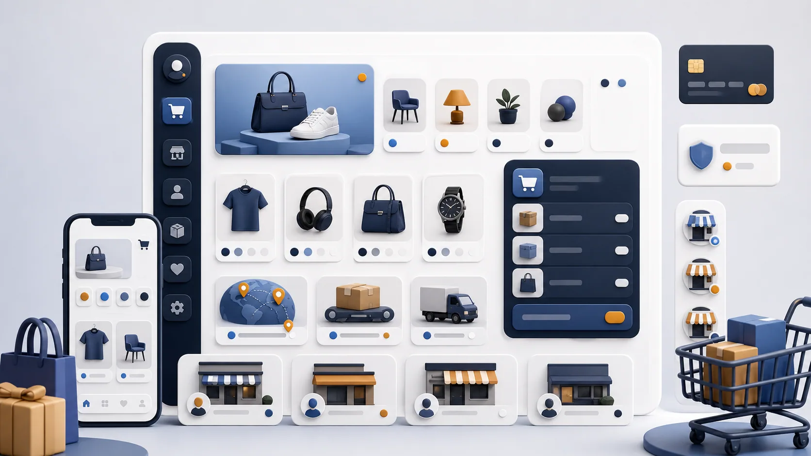 Consumer commerce marketplace interface showing streamlined shopping and ordering across multiple vendors