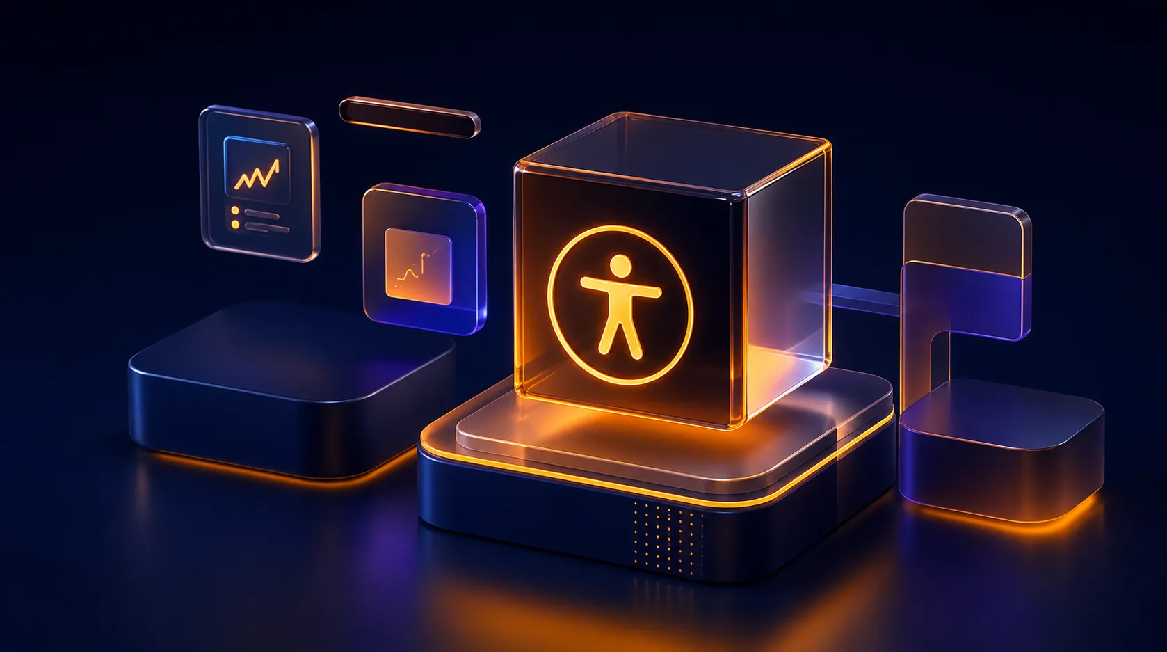 3D accessibility observability platform visual with a glowing cube and surrounding interface blocks