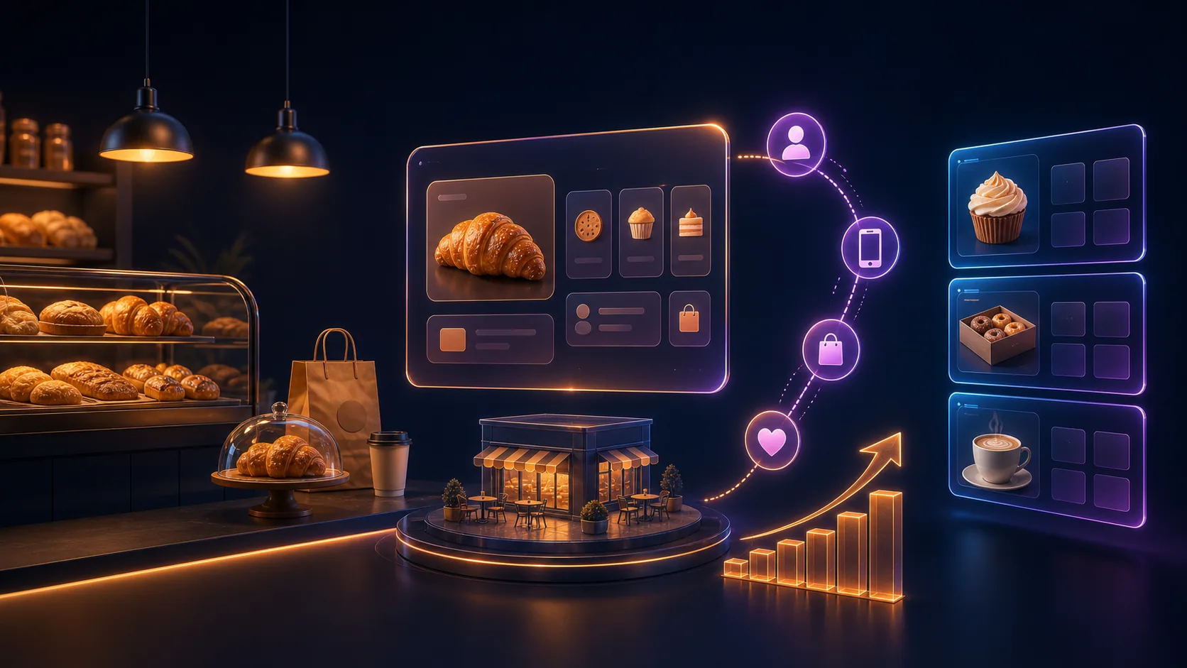 Modern bakery customer experience showing digital ordering, customer engagement, and connected retail operations